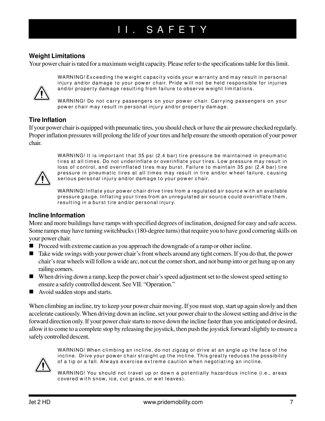 Pride Mobility Jet2HD owner manual Weight Limitations, Tire Inflation, Incline Information 