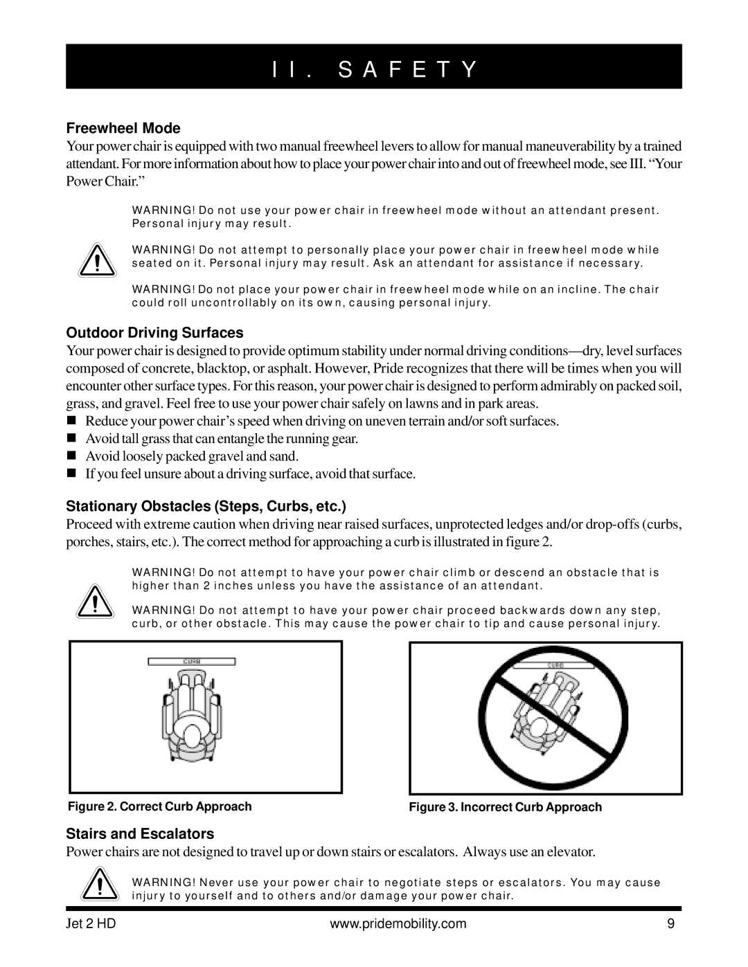 Pride Mobility Jet2HD owner manual Freewheel Mode, Outdoor Driving Surfaces, Stationary Obstacles Steps, Curbs, etc 