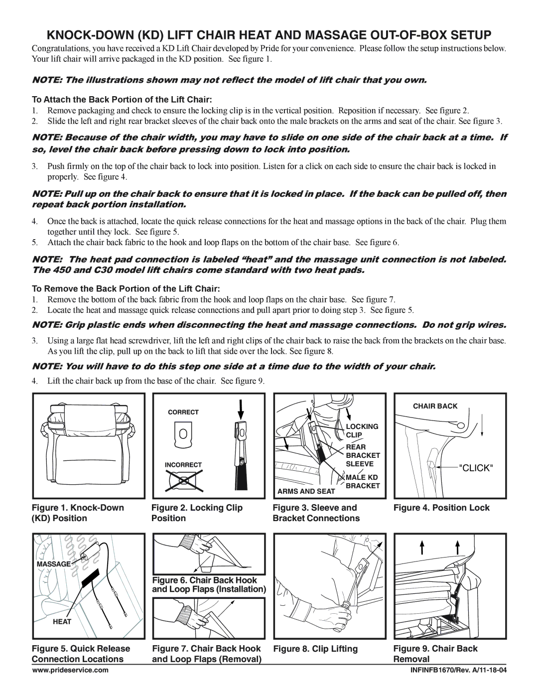 Pride Mobility manual KNOCK-DOWN KD Lift Chair Heat and Massage OUT-OF-BOX Setup, Quick Release Connection Locations 