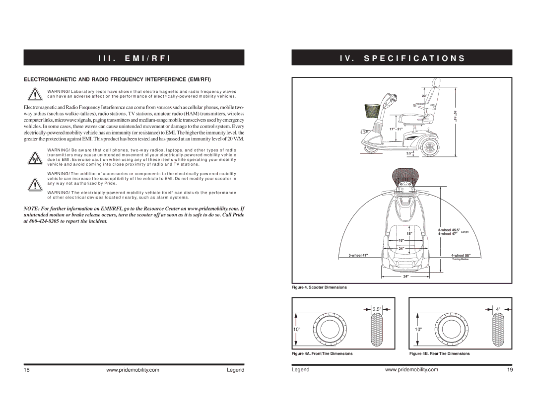 Pride Mobility Legend 4 manual I . E M I / R F, Specification S, Electromagnetic and Radio Frequency Interference EMI/RFI 