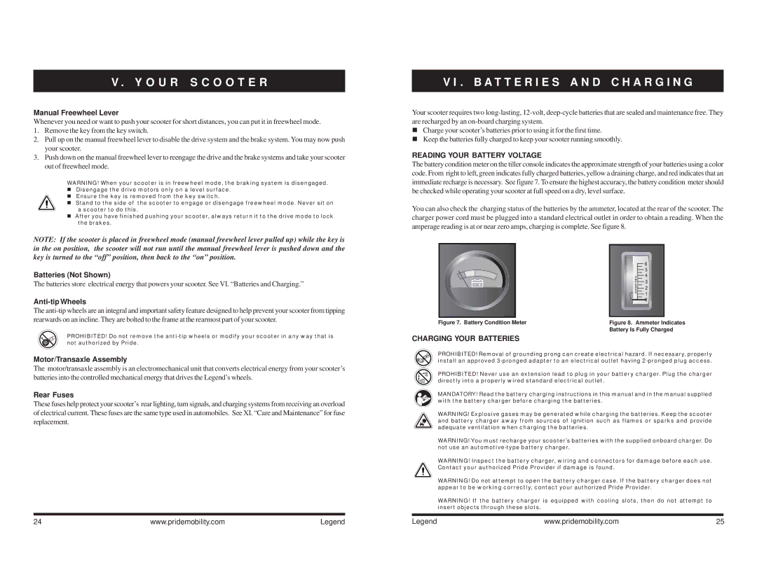 Pride Mobility Legend 3 B a T T E R I E S a N D C H a R G I N G, Reading Your Battery Voltage, Charging Your Batteries 