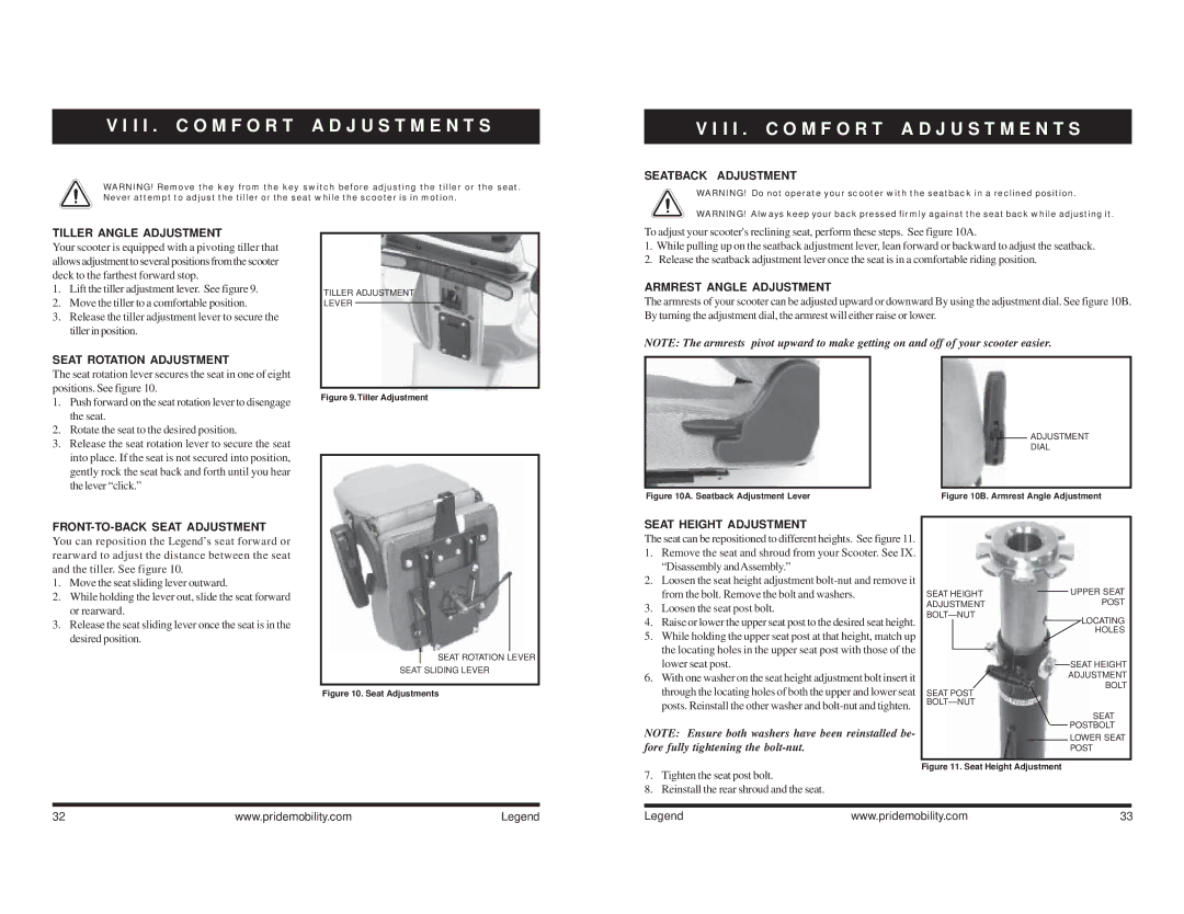 Pride Mobility Legend 3, Legend 4 manual I I . C O M F O R T a D J U S T M E N T S 