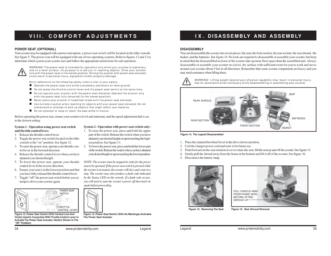 Pride Mobility Legend 4, Legend 3 manual Power Seat Optional, Disassembly 