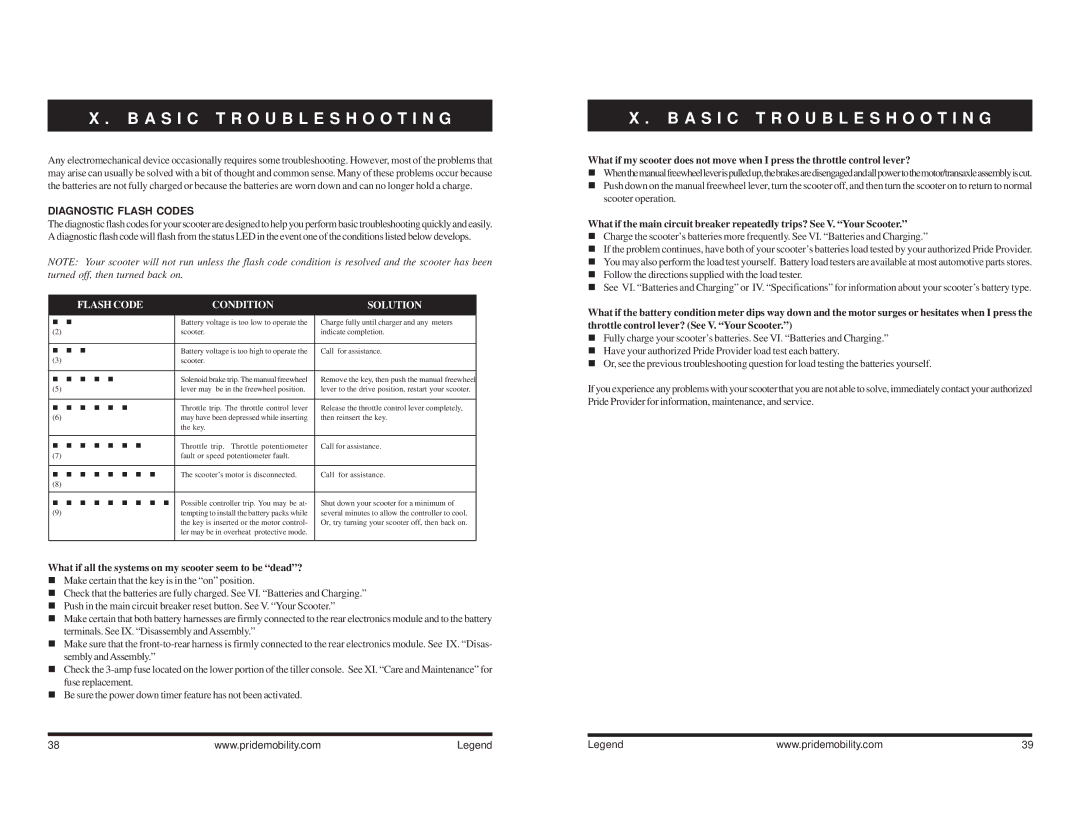 Pride Mobility Legend 4, Legend 3 manual A S I C Troubleshooting, Diagnostic Flash Codes 