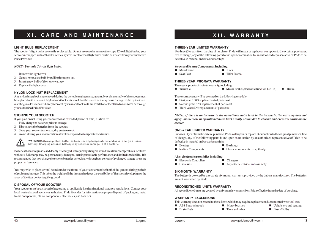 Pride Mobility Legend 4, Legend 3 manual I . W a R R a N T Y 