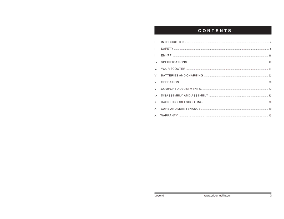 Pride Mobility Legend 4, Legend 3 manual N T E N T S 