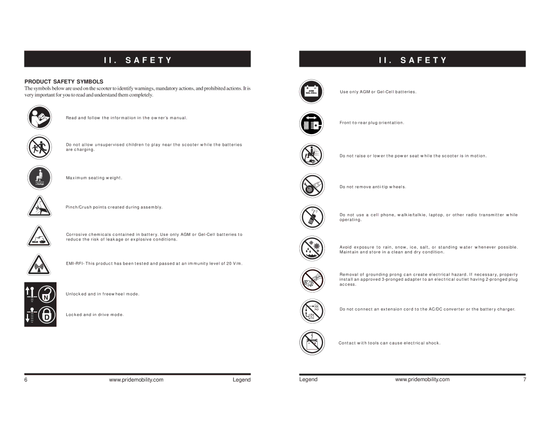 Pride Mobility Legend 4, Legend 3 manual S a F E T Y, Product Safety Symbols 