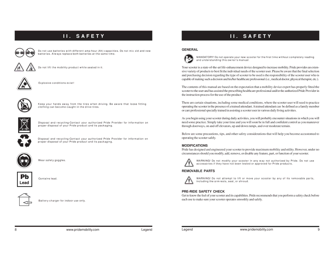 Pride Mobility Legend 3, Legend 4 manual General, Modifications, Removable Parts PRE-RIDE Safety Check 