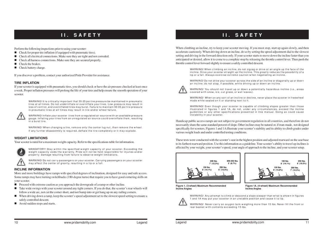 Pride Mobility Legend 4, Legend 3 manual Tire Inflation, Weight Limitations, Incline Information 