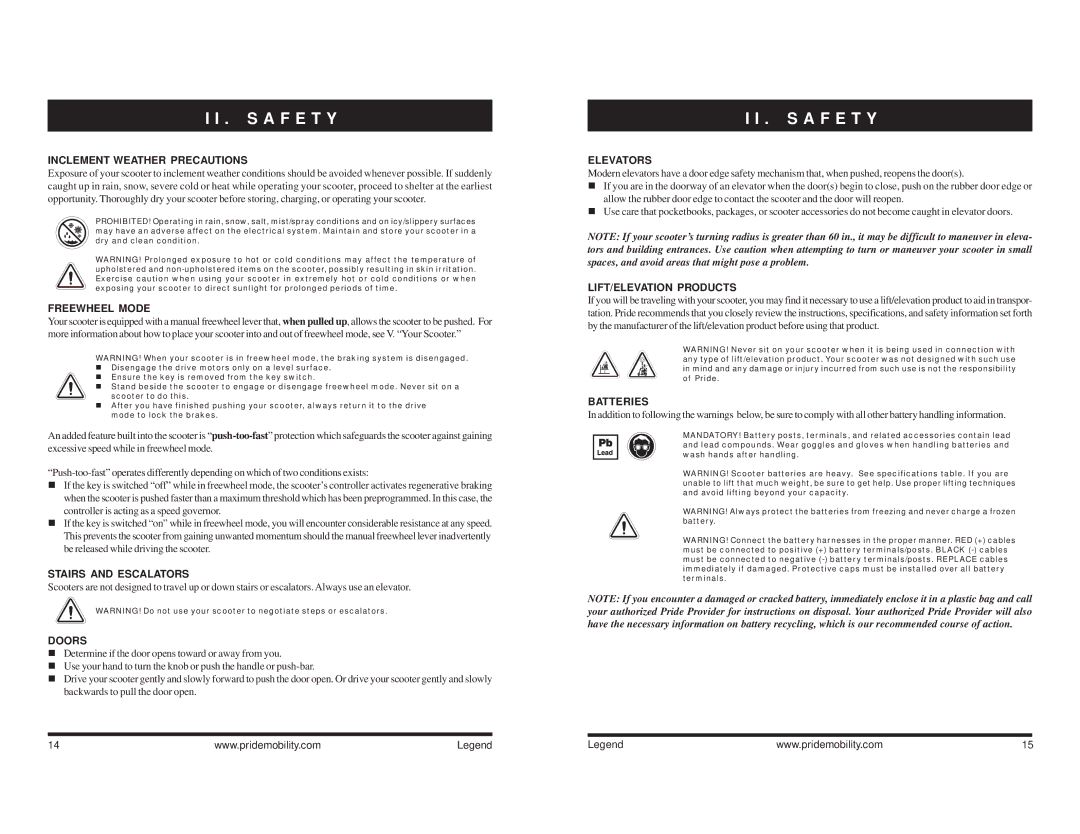 Pride Mobility Legend 4 Inclement Weather Precautions, Freewheel Mode, Stairs and Escalators, Doors, Elevators, Batteries 