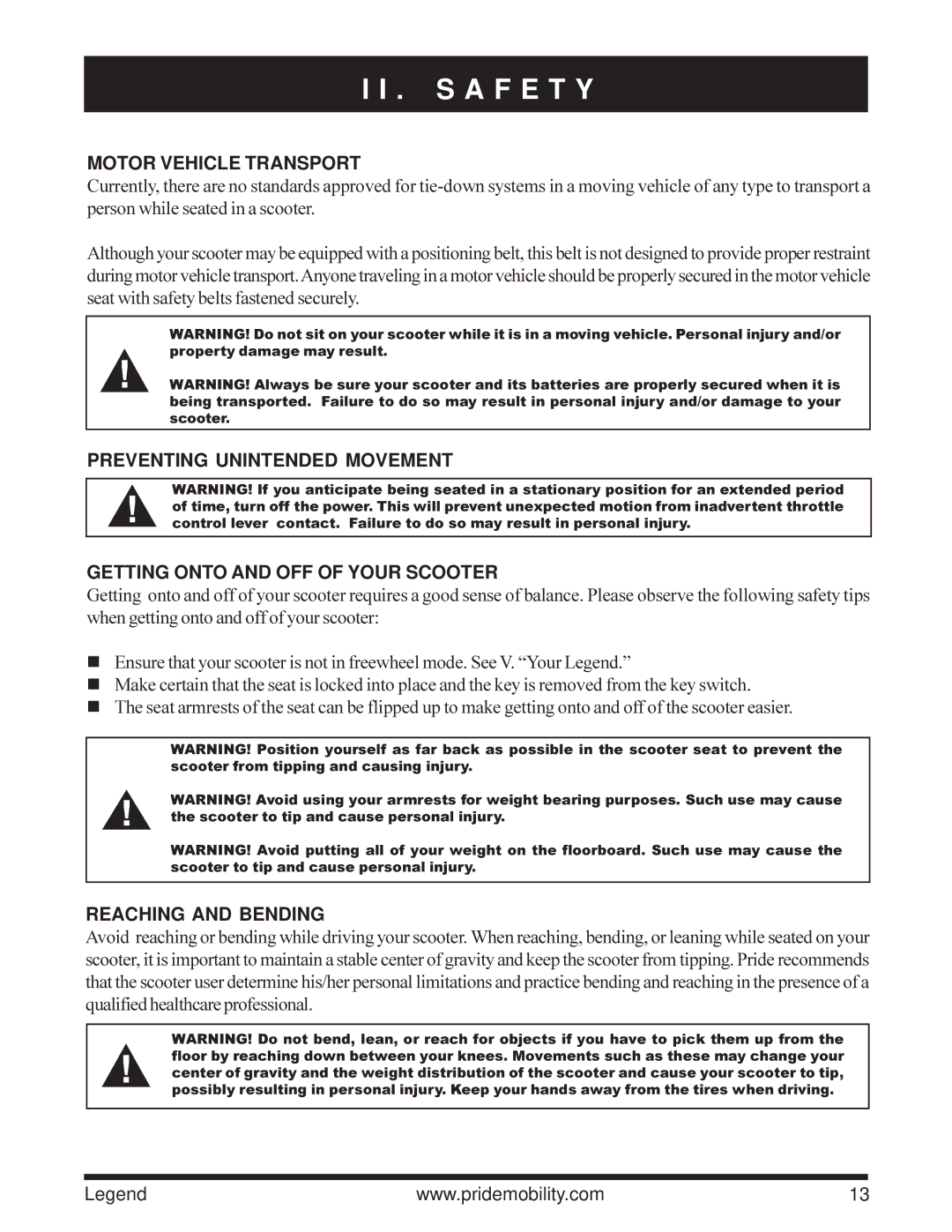 Pride Mobility Legend 3-Wheel Scooter, Legend 4-Wheel Scooter owner manual Motor Vehicle Transport, Reaching and Bending 