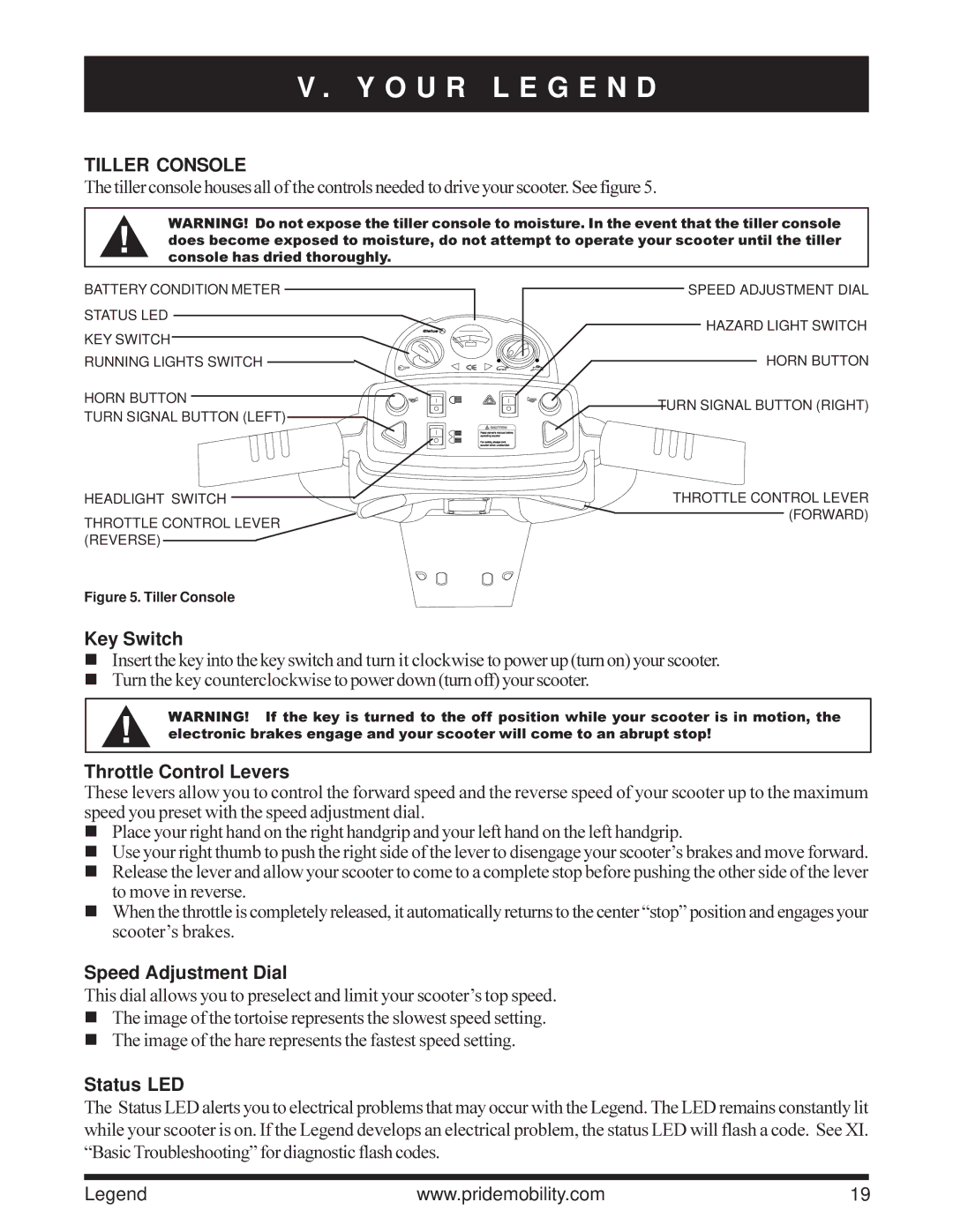 Pride Mobility Legend 3-Wheel Scooter, Legend 4-Wheel Scooter owner manual O U R L E G E N D, Tiller Console 