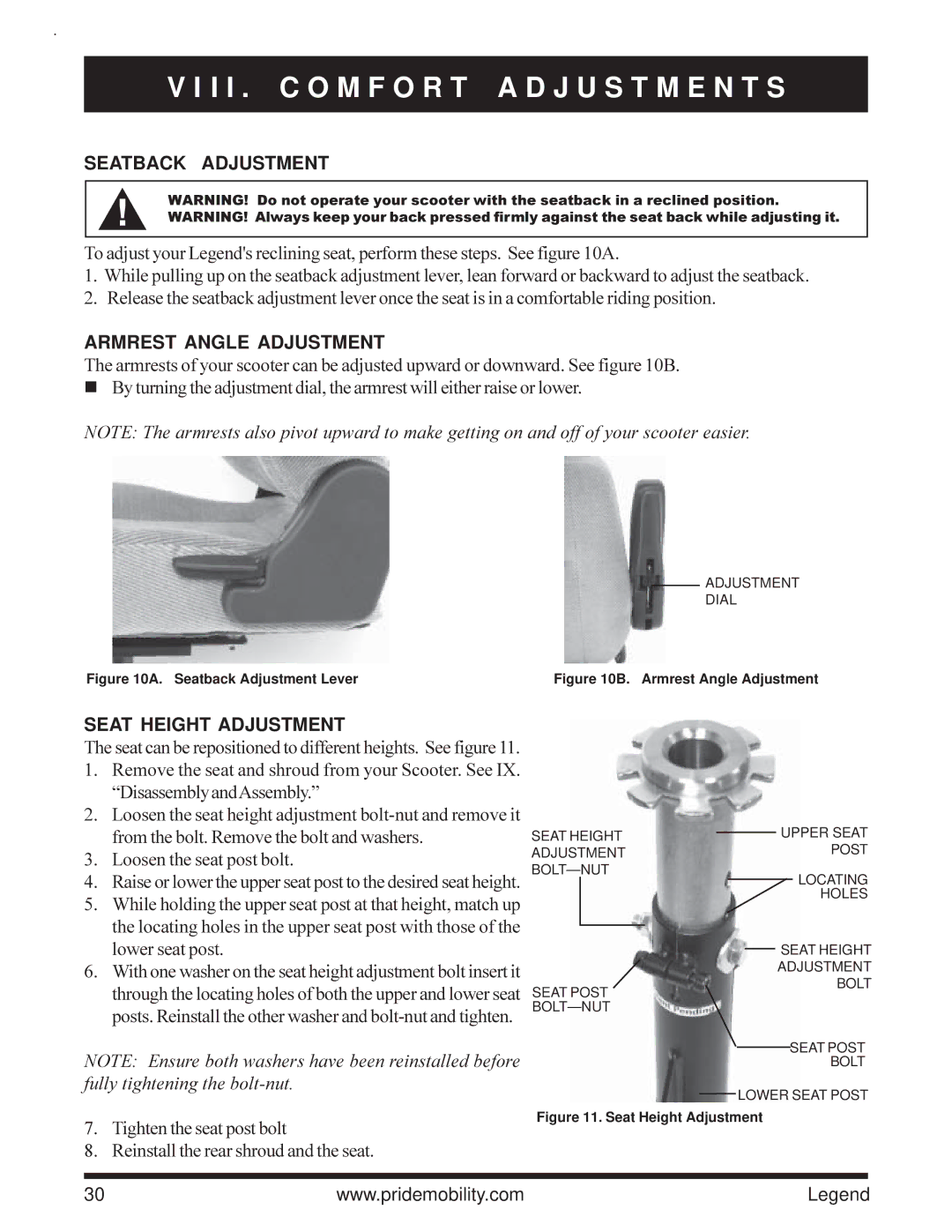 Pride Mobility Legend 4-Wheel Scooter owner manual Seatback Adjustment, Armrest Angle Adjustment, Seat Height Adjustment 