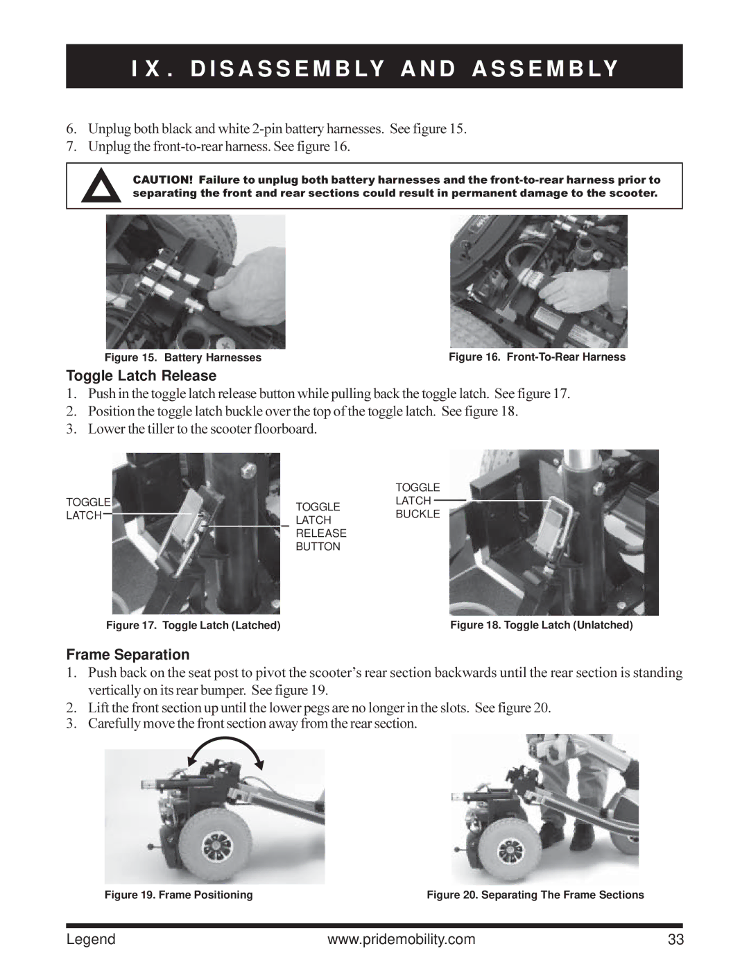 Pride Mobility Legend 3-Wheel Scooter, Legend 4-Wheel Scooter owner manual Toggle Latch Release, Frame Separation 