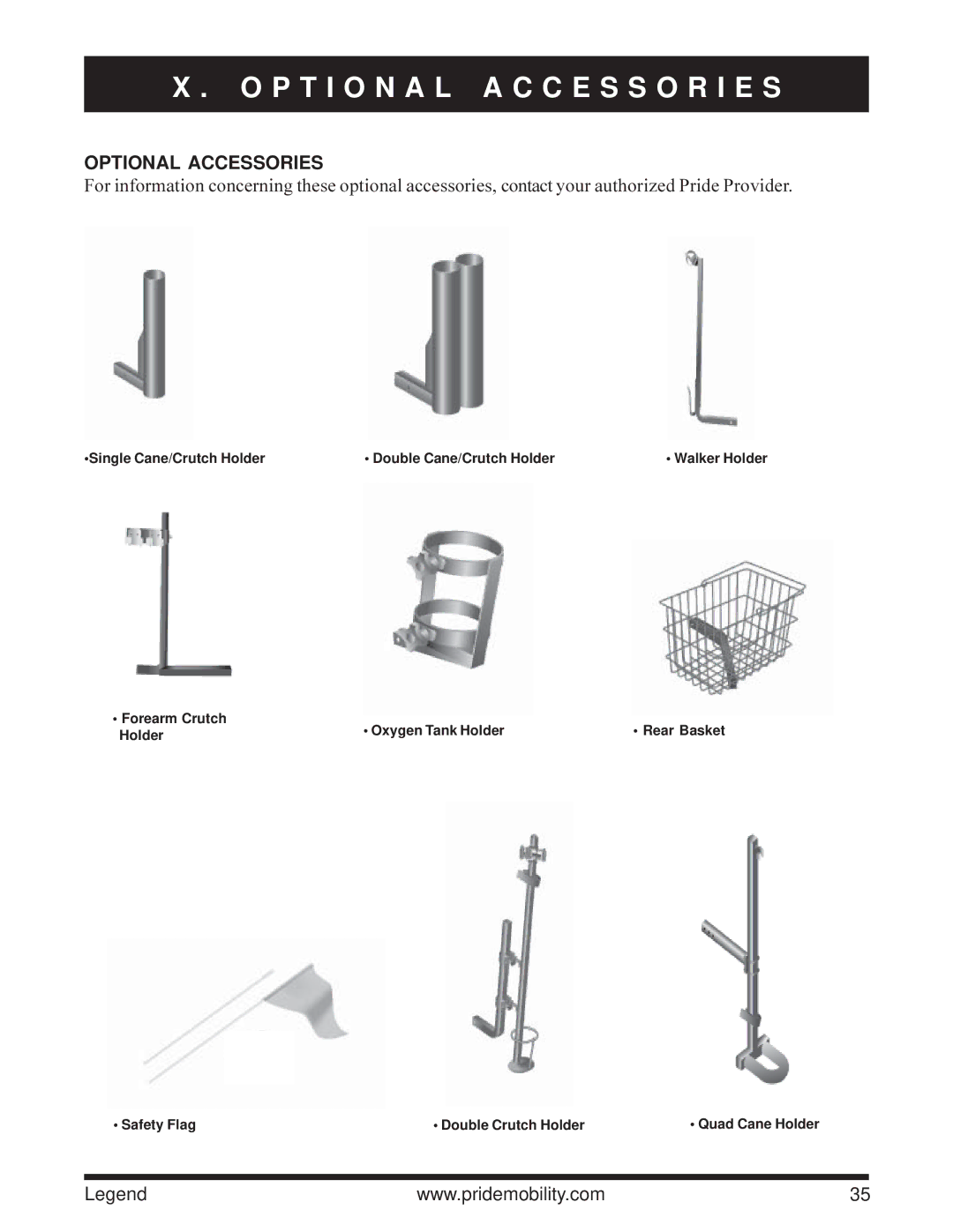 Pride Mobility Legend 3-Wheel Scooter, Legend 4-Wheel Scooter P T I O N a L a C C E S S O R I E S, Optional Accessories 