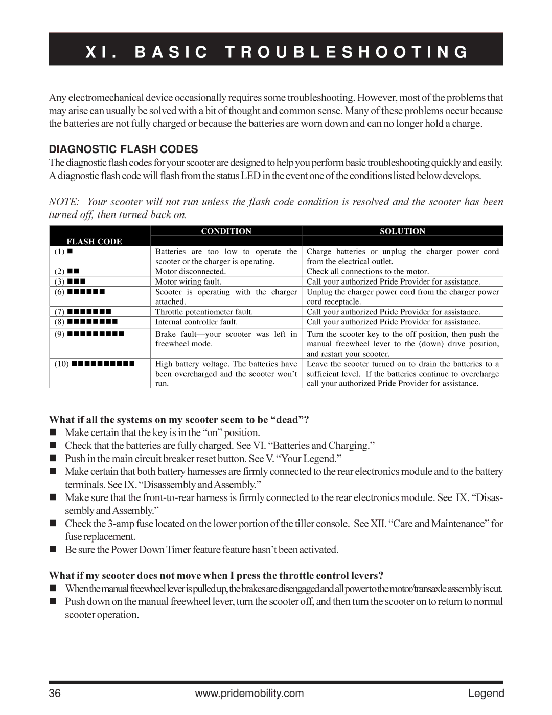 Pride Mobility Legend 4-Wheel Scooter, Legend 3-Wheel Scooter owner manual B a S I C Troubleshooting, Diagnostic Flash Codes 