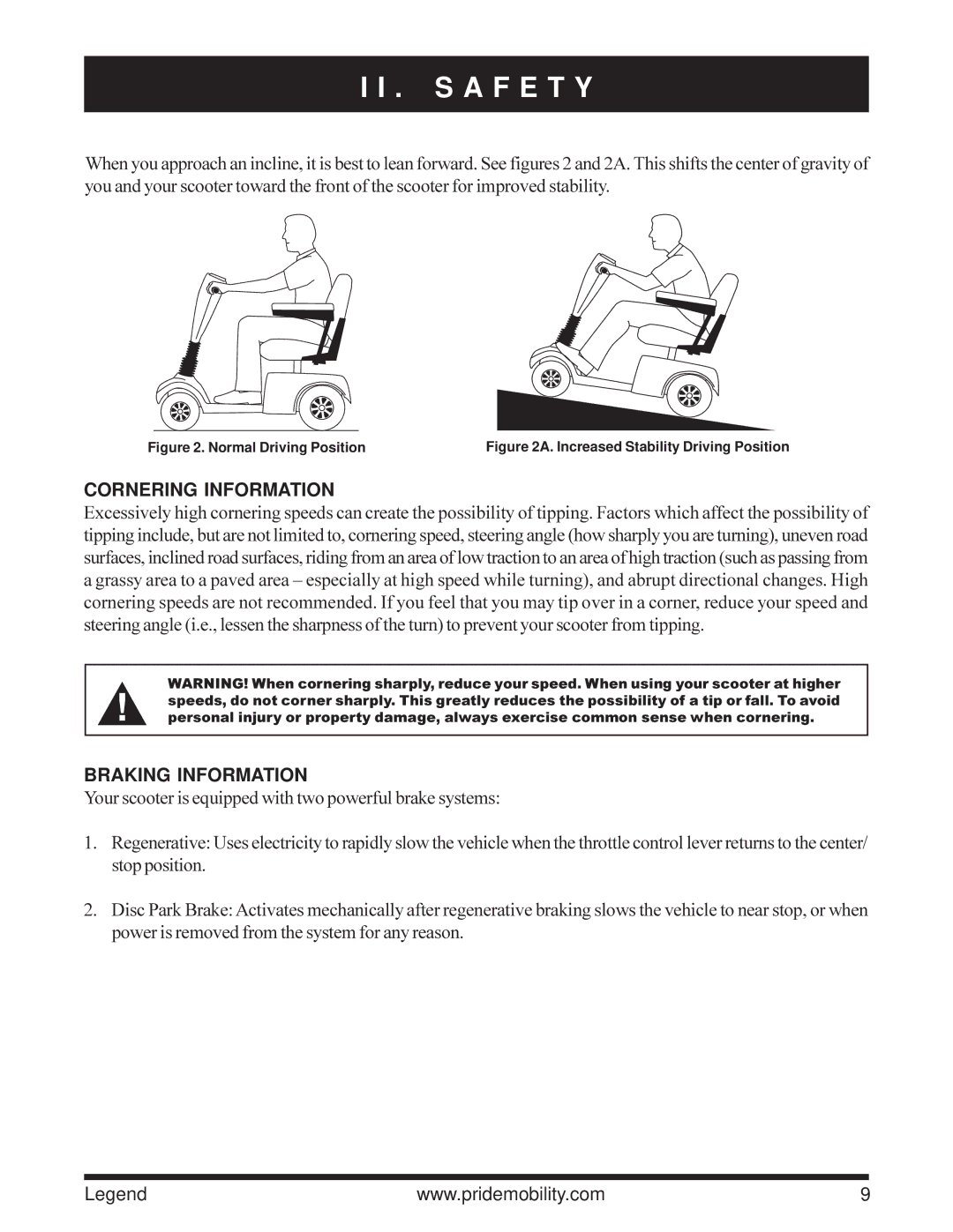 Pride Mobility Legend 3-Wheel Scooter, Legend 4-Wheel Scooter owner manual Cornering Information, Braking Information 