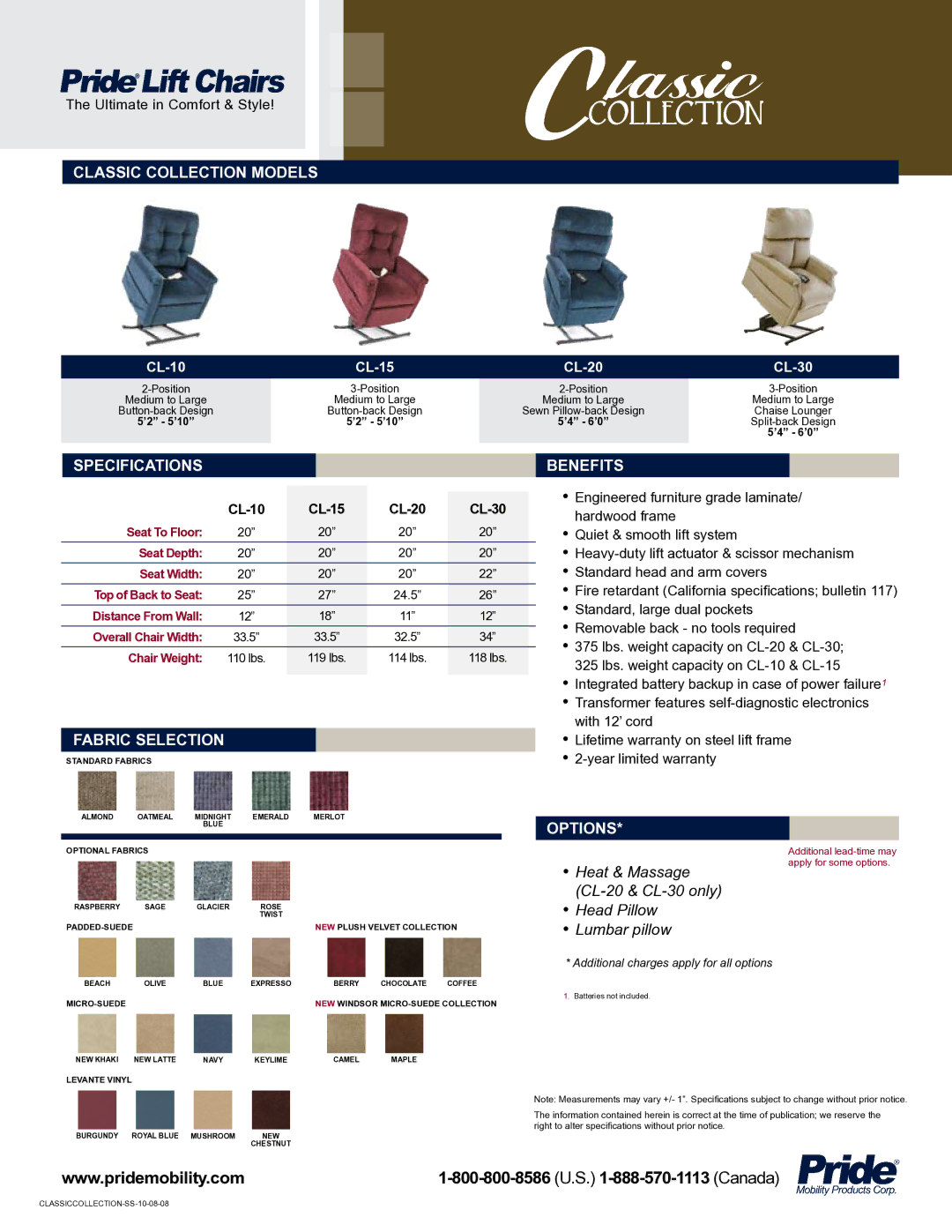 Pride Mobility Lift Chiar manual Classic Collection models, Specifications Benefits, Fabric selection, Options 