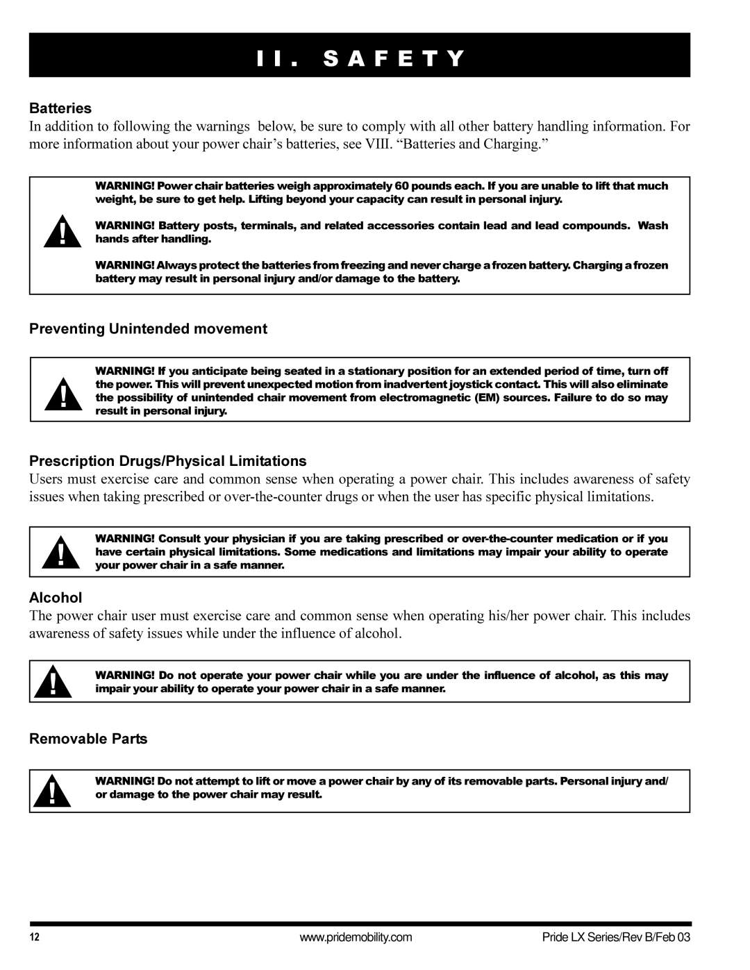 Pride Mobility LX12, LX11, LX10 owner manual Batteries, Alcohol, Removable Parts 