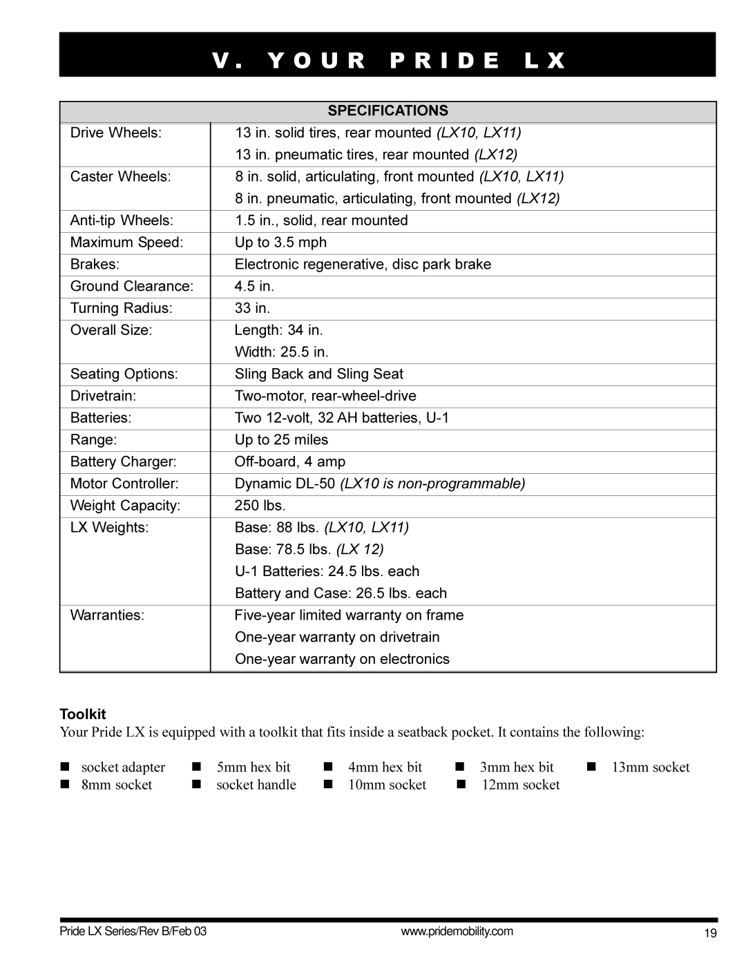 Pride Mobility LX11, LX12, LX10 owner manual Specifications, Toolkit 