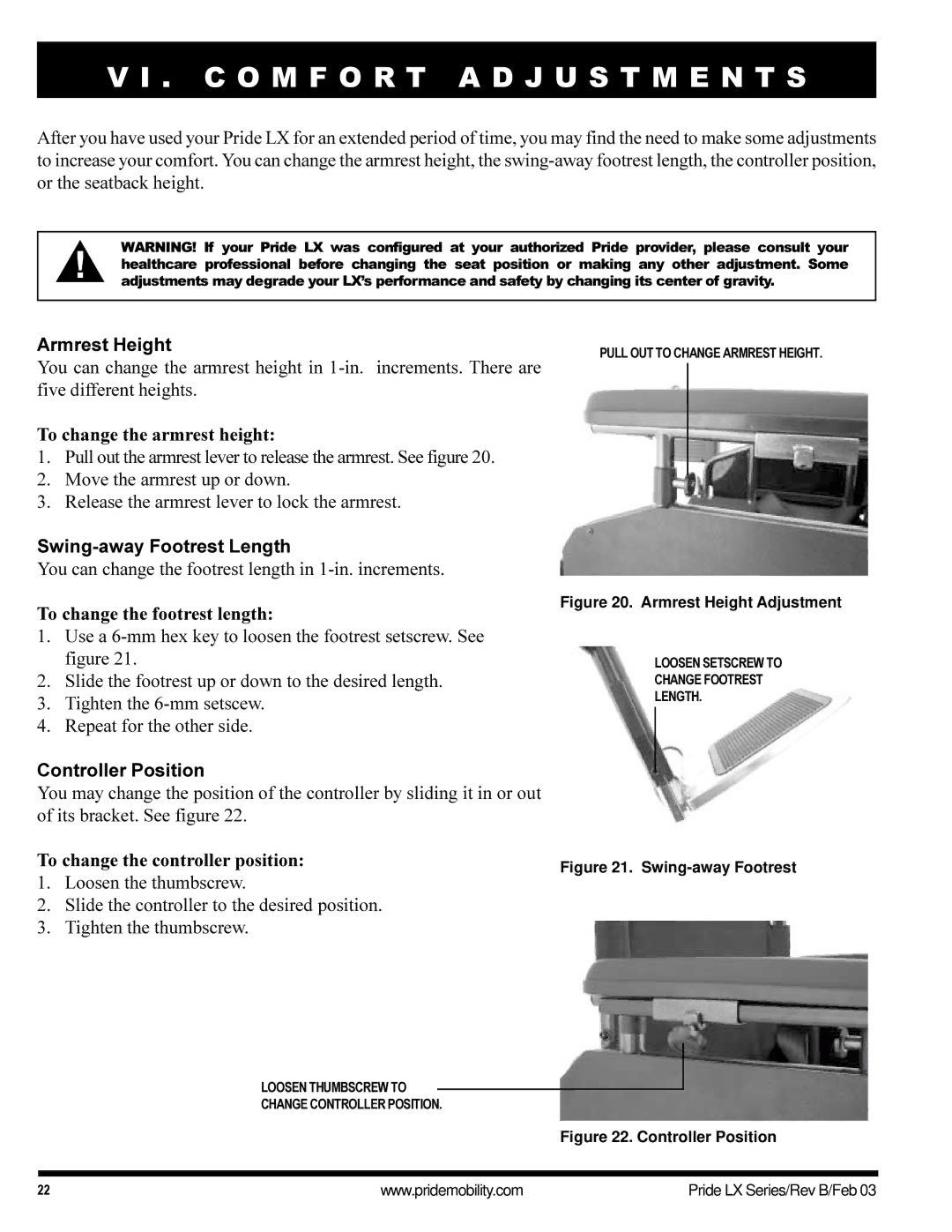 Pride Mobility LX11, LX12, LX10 owner manual C O M F O R T a D J U S T M E N T S 