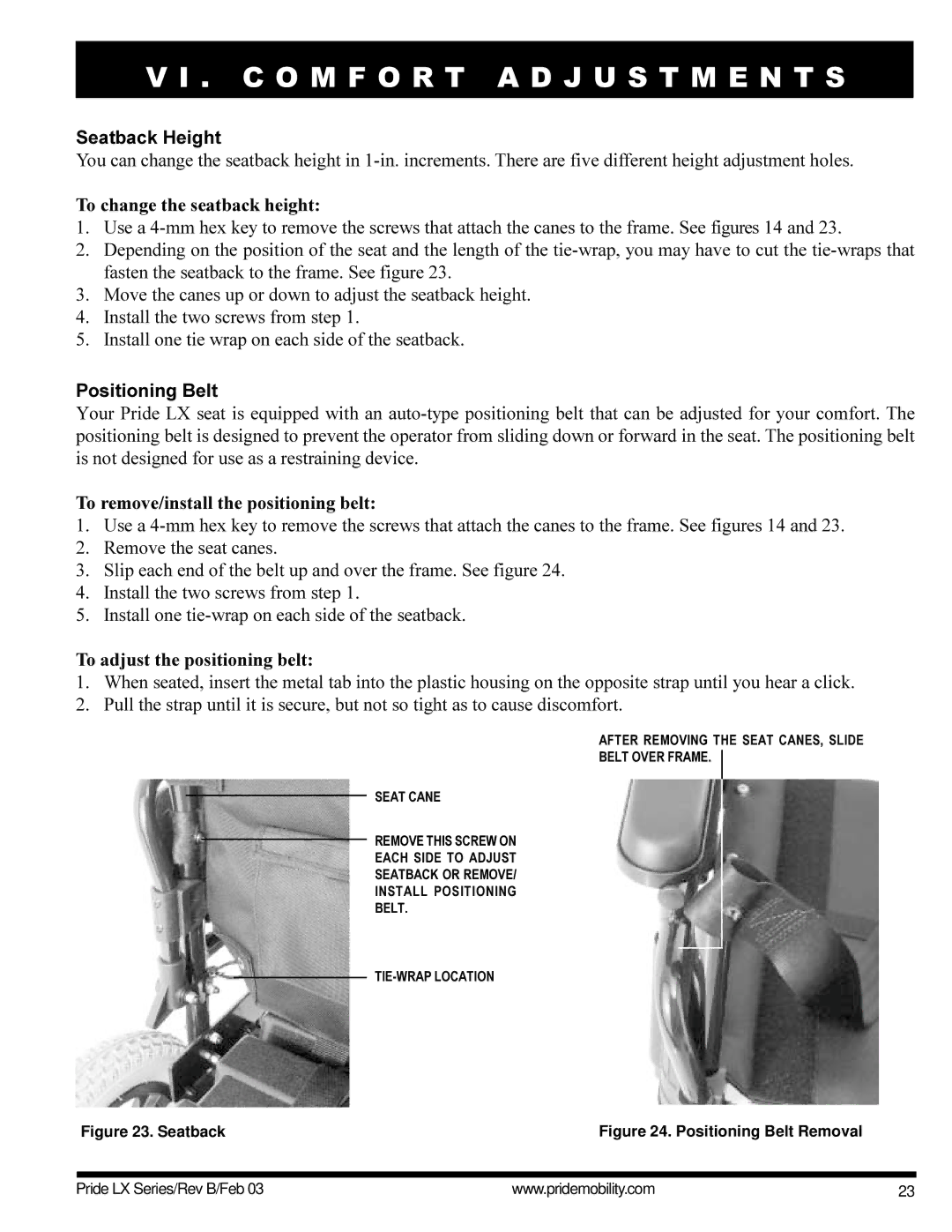 Pride Mobility LX10, LX12 Seatback Height, To change the seatback height, Positioning Belt, To adjust the positioning belt 