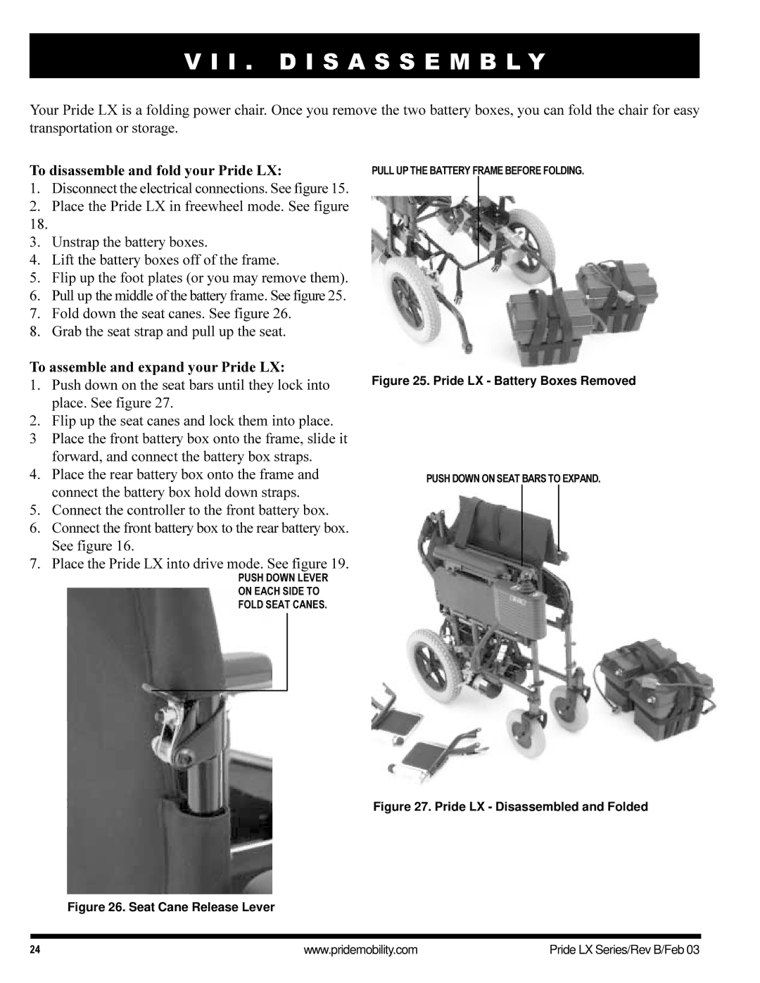 Pride Mobility LX12 I . D I S a S S E M B L Y, To disassemble and fold your Pride LX, To assemble and expand your Pride LX 