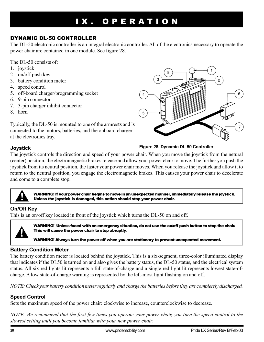 Pride Mobility LX11, LX12, LX10 owner manual O P E R a T I O N, Dynamic DL-50 Controller 