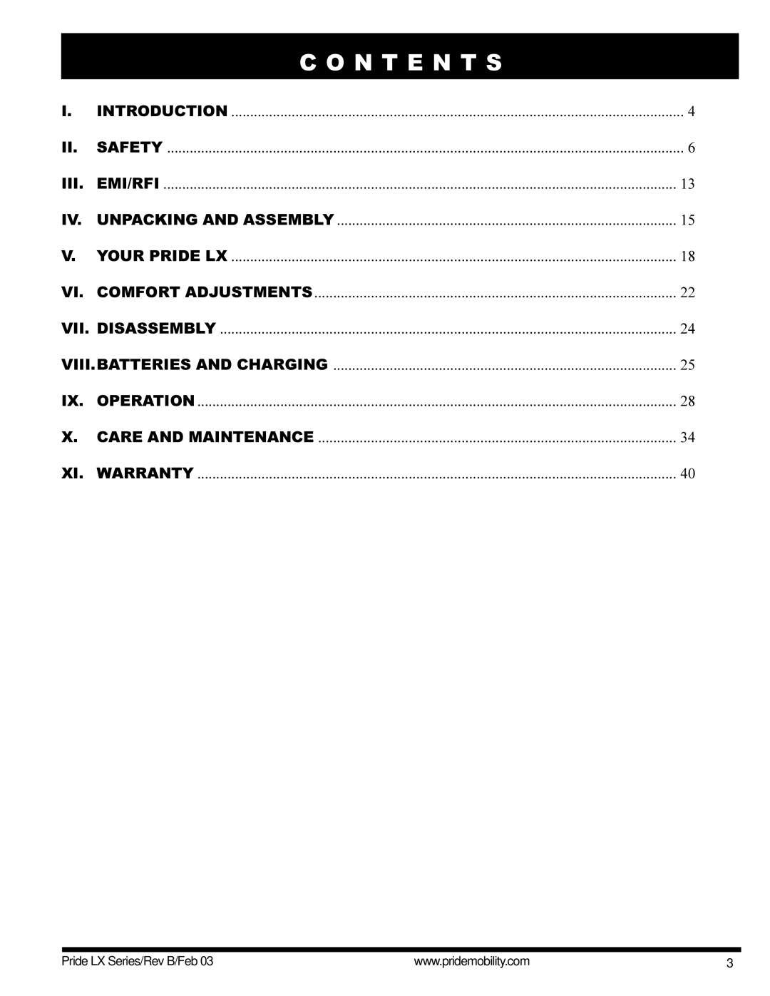Pride Mobility LX12, LX11, LX10 owner manual N T E N T S 