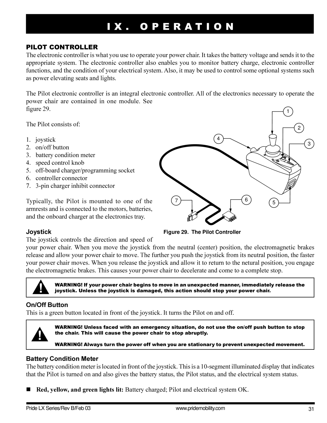 Pride Mobility LX11, LX12, LX10 owner manual Pilot Controller, On/Off Button 