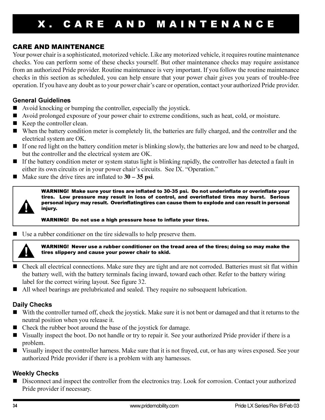 Pride Mobility LX11, LX12, LX10 A R E a N D M a I N T E N a N C E, General Guidelines, Daily Checks, Weekly Checks 