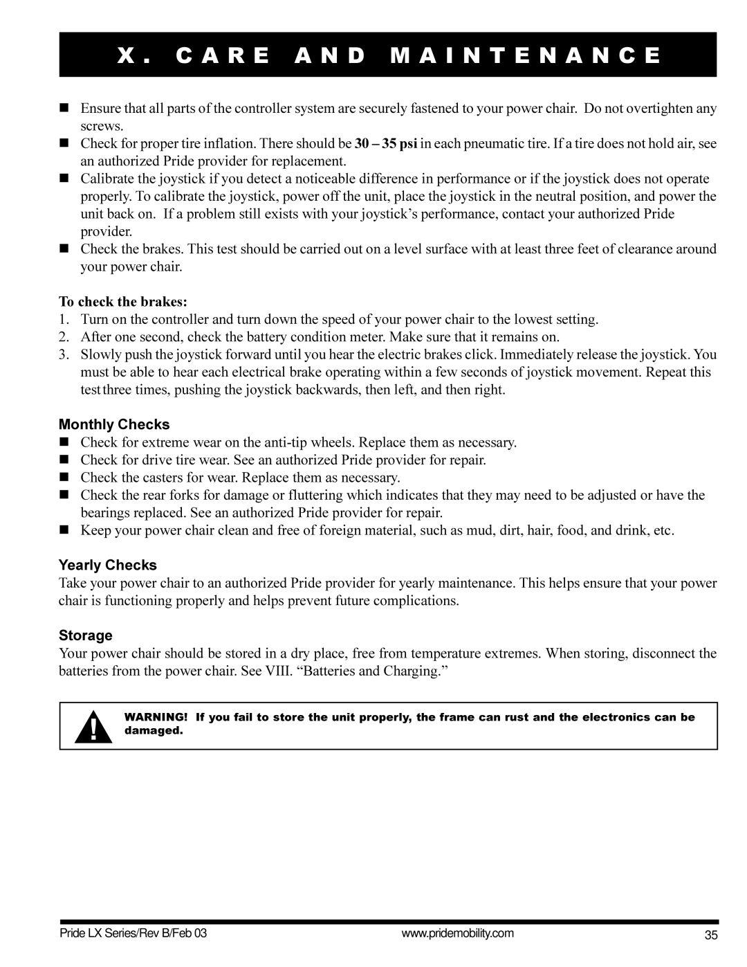 Pride Mobility LX10, LX12, LX11 owner manual To check the brakes, Monthly Checks, Yearly Checks, Storage 