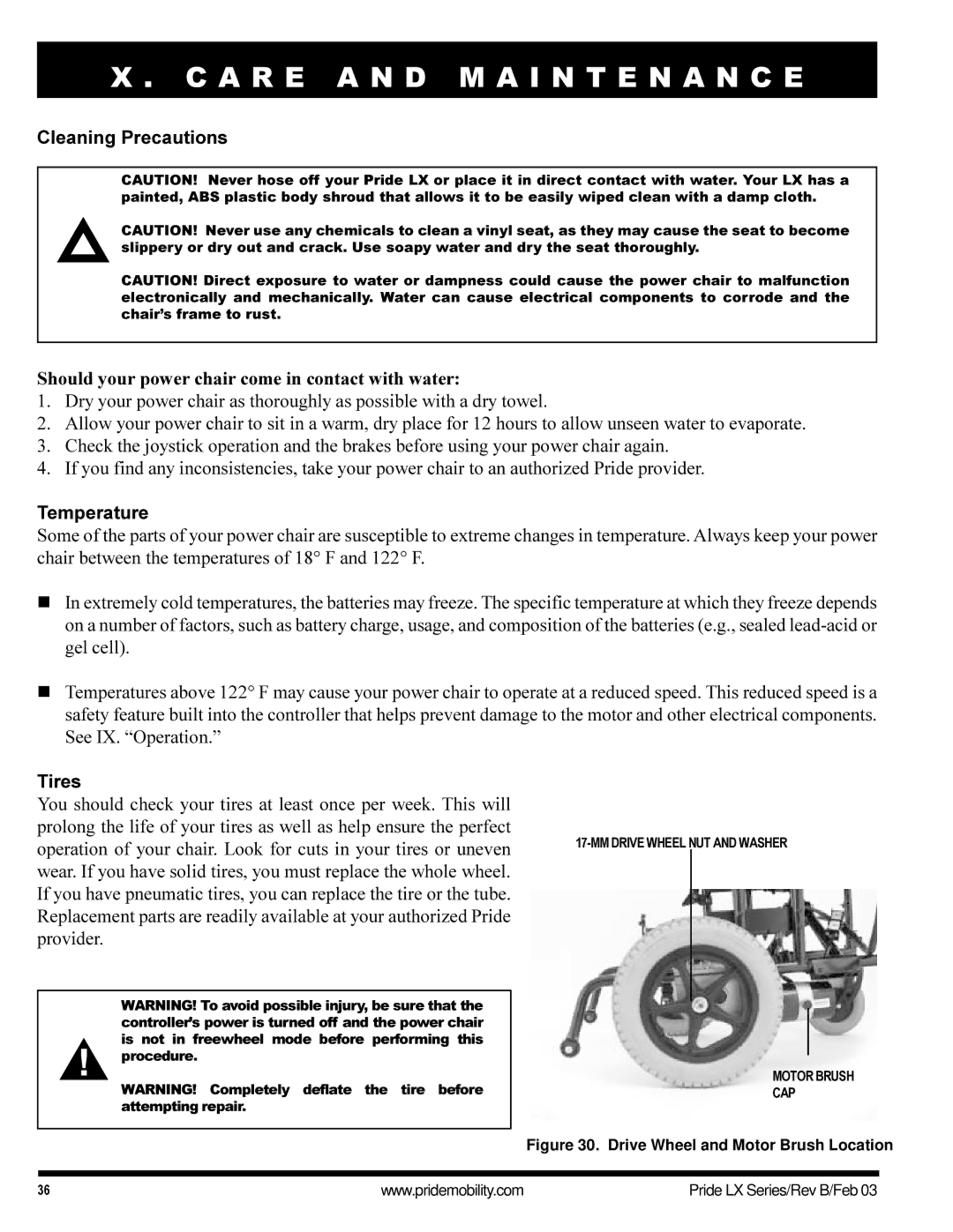 Pride Mobility LX12, LX11, LX10 owner manual Temperature, Tires 