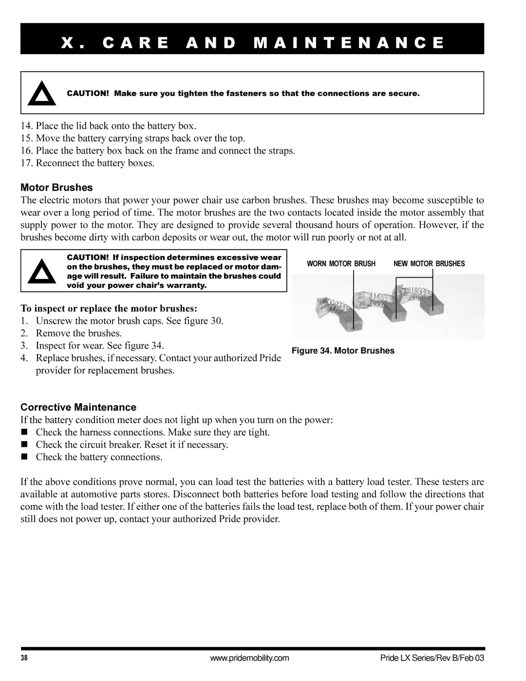 Pride Mobility LX10, LX12, LX11 owner manual Motor Brushes, To inspect or replace the motor brushes, Corrective Maintenance 