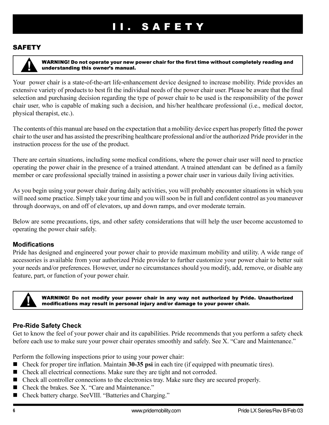 Pride Mobility LX12, LX11, LX10 owner manual S a F E T Y, Modifications, Pre-Ride Safety Check 