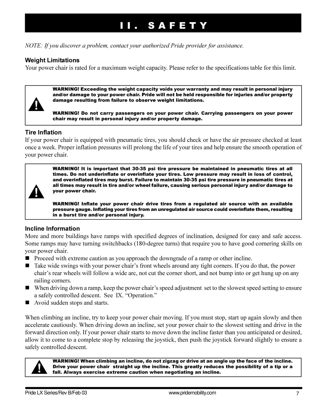 Pride Mobility LX11, LX12, LX10 owner manual Weight Limitations, Tire Inflation, Incline Information 