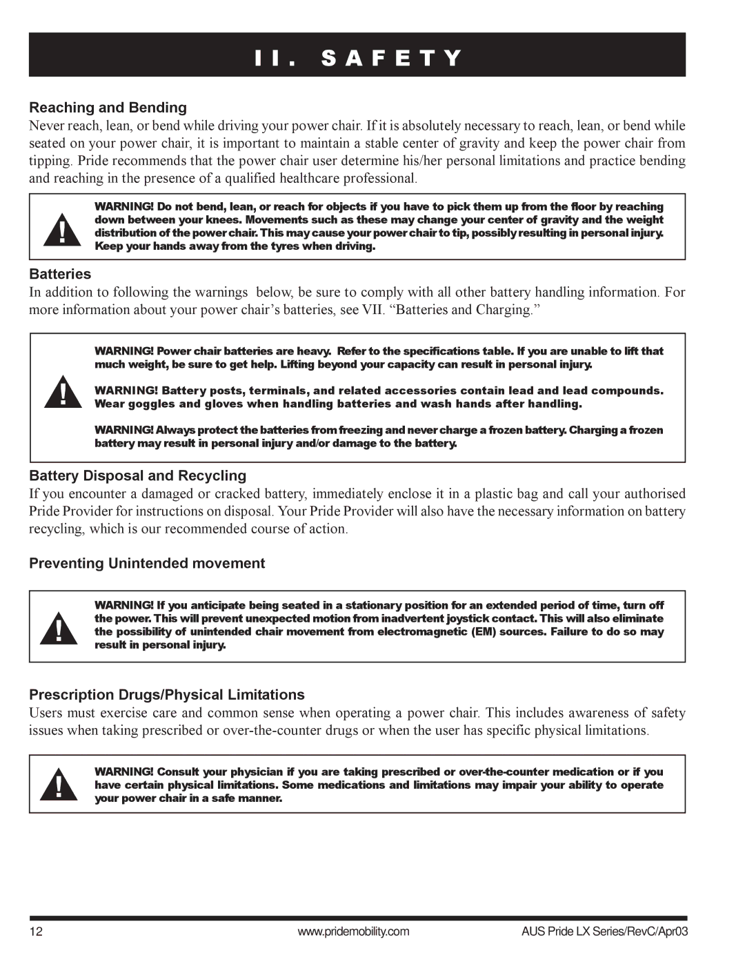 Pride Mobility LX12, LX11, LX10 owner manual Reaching and Bending, Batteries, Battery Disposal and Recycling 