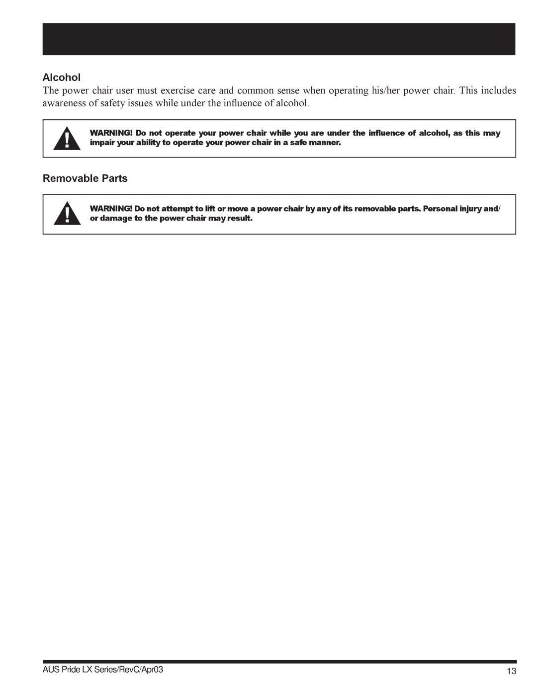 Pride Mobility LX11, LX12, LX10 owner manual Alcohol, Removable Parts 