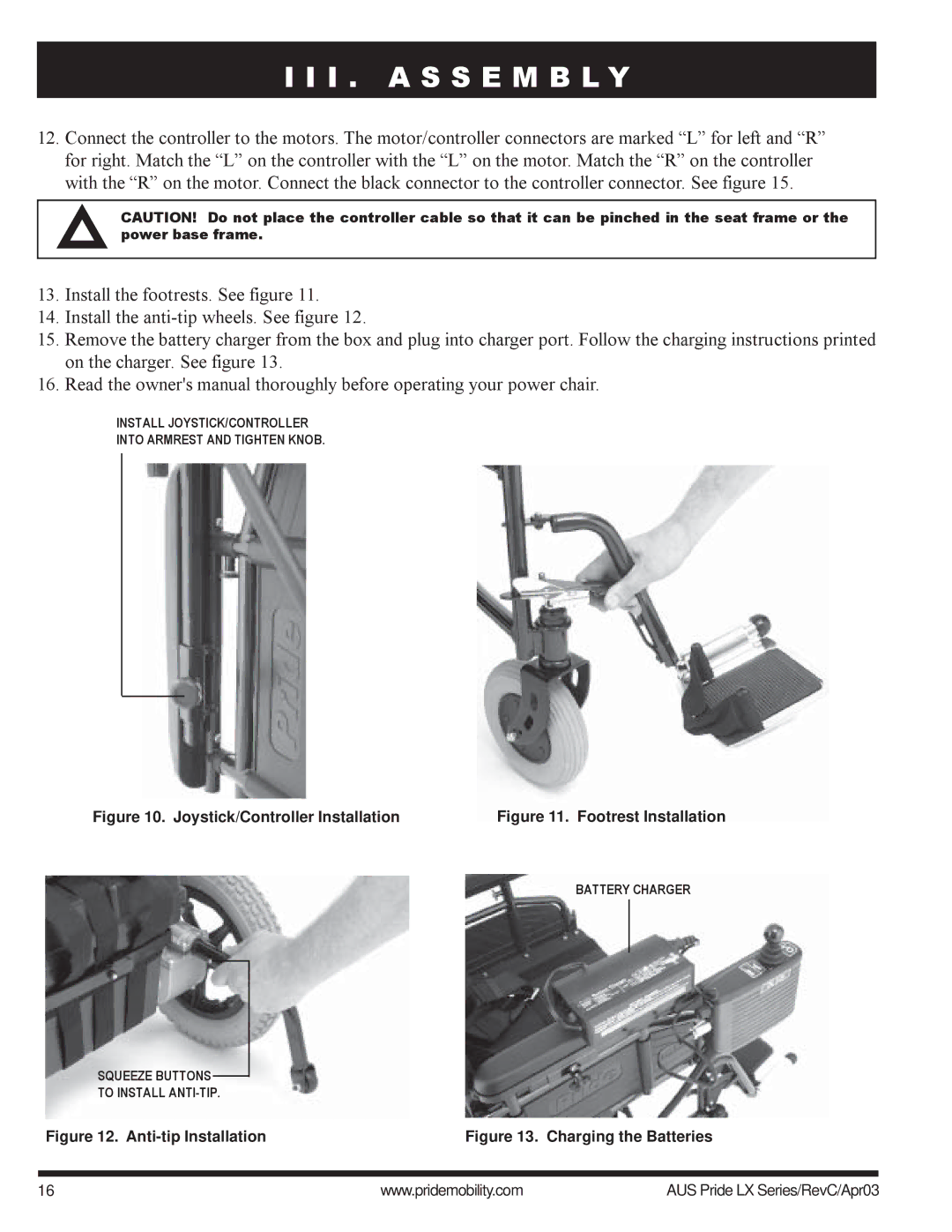 Pride Mobility LX11, LX12, LX10 owner manual Joystick/Controller Installation 