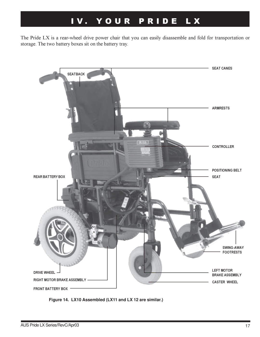 Pride Mobility LX12 owner manual Y O U R P R I D E L, LX10 Assembled LX11 and LX 12 are similar 