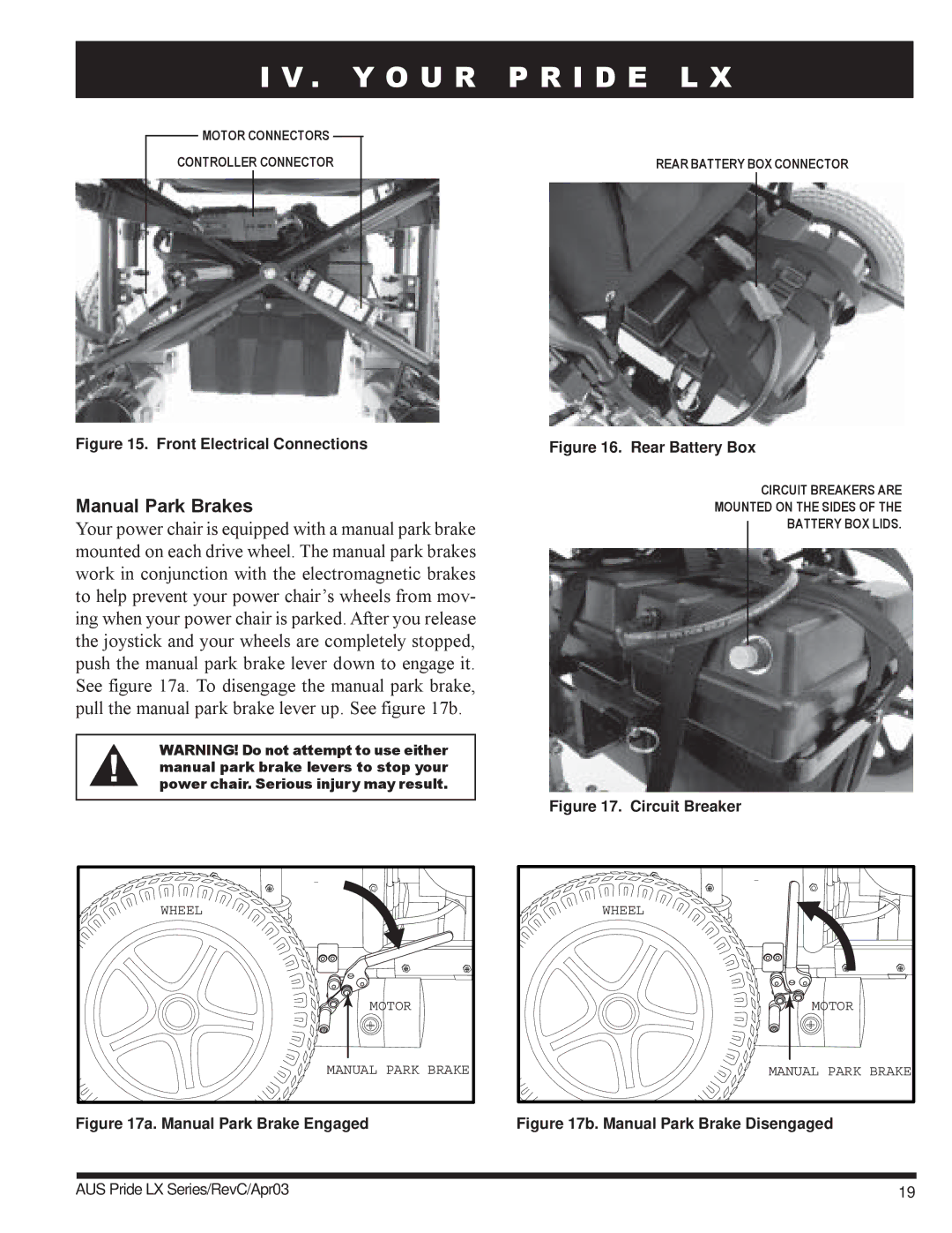 Pride Mobility LX11, LX12, LX10 owner manual Manual Park Brakes, Front Electrical Connections 