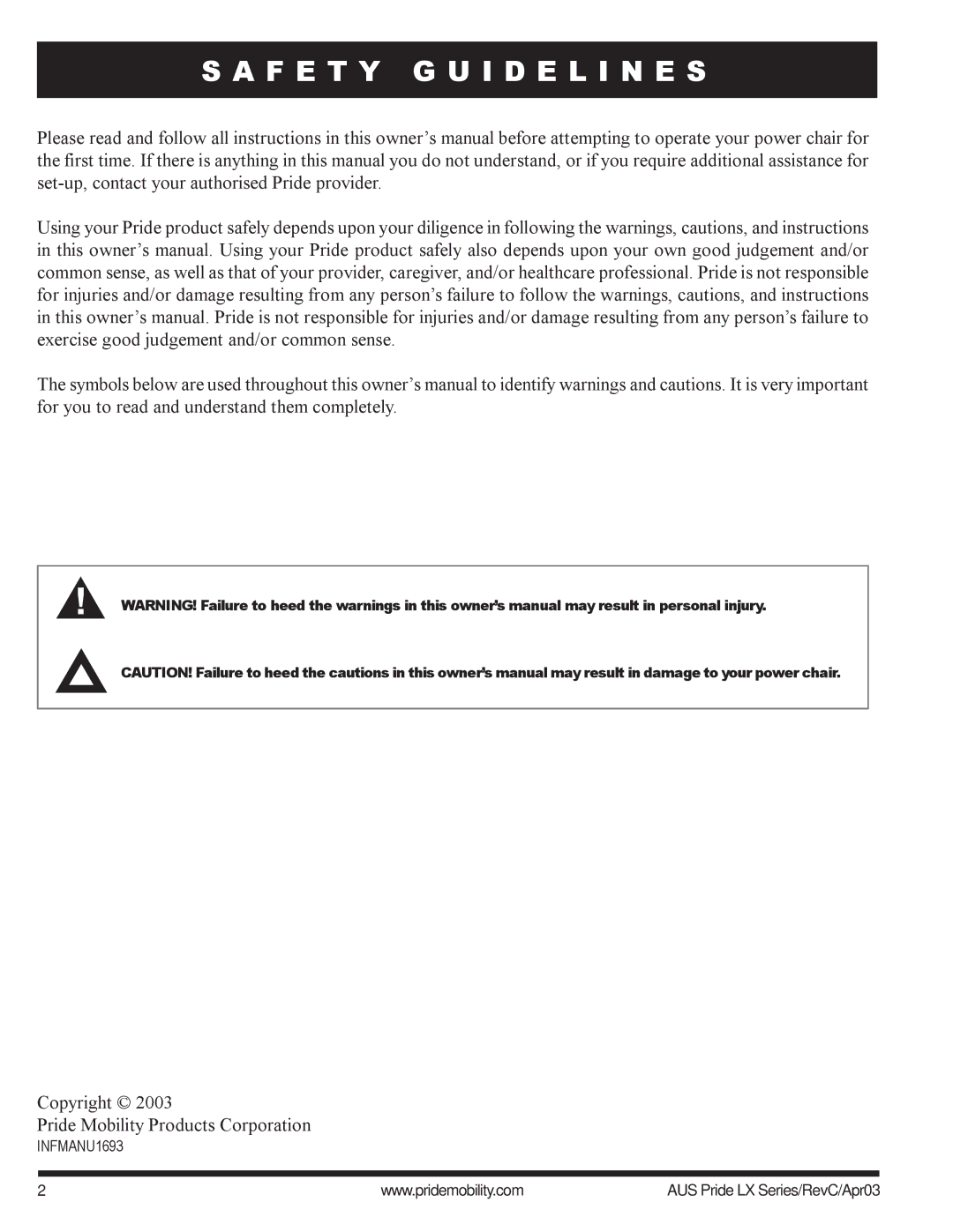 Pride Mobility LX10, LX12, LX11 owner manual F E T Y G U I D E L I N E S 