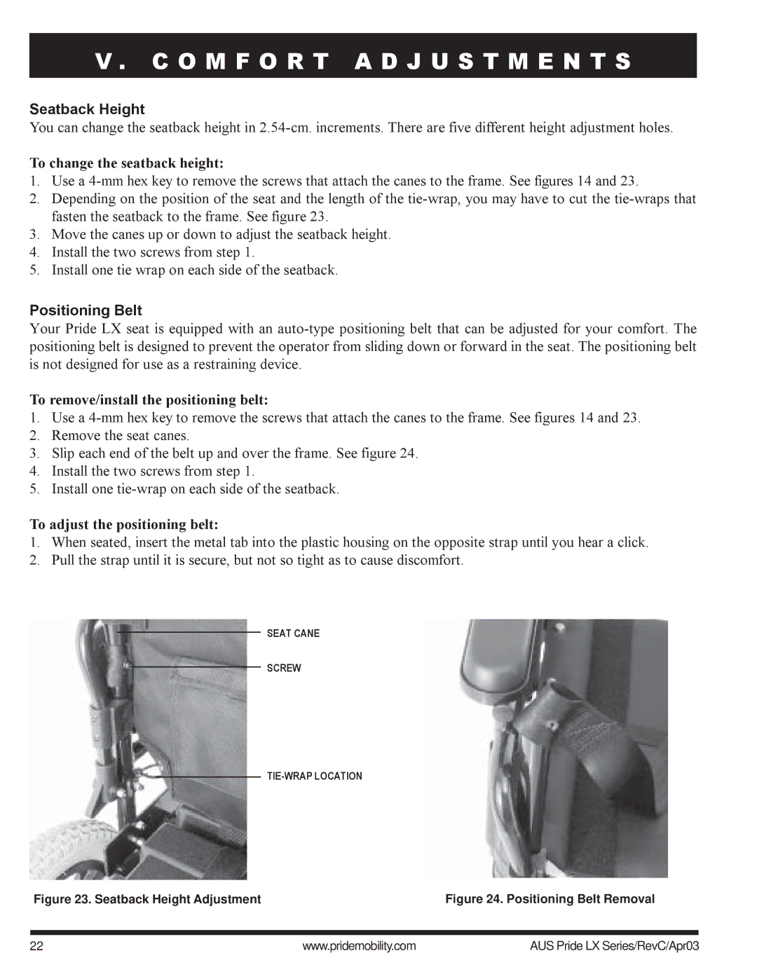Pride Mobility LX11, LX12 Seatback Height, To change the seatback height, Positioning Belt, To adjust the positioning belt 
