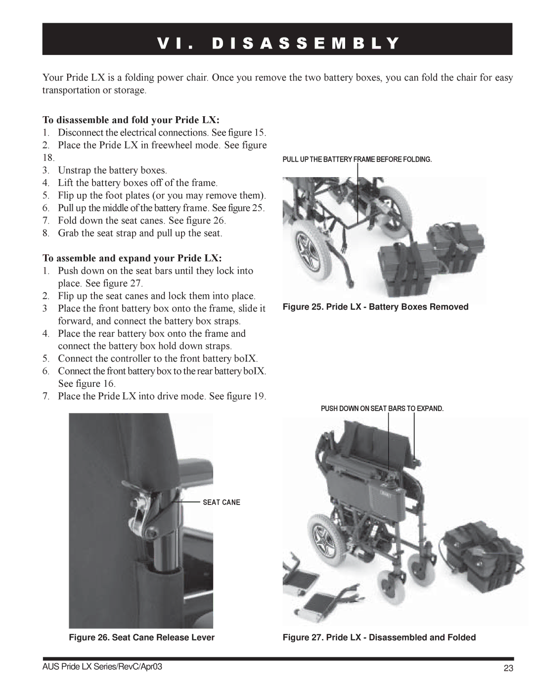 Pride Mobility LX10 D I S a S S E M B L Y, To disassemble and fold your Pride LX, To assemble and expand your Pride LX 