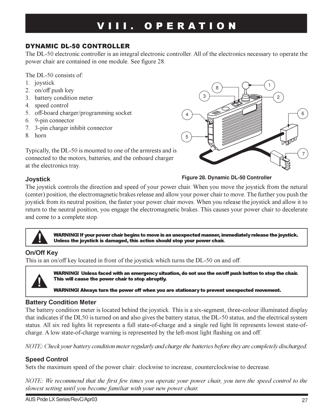 Pride Mobility LX12, LX11, LX10 I I . O P E R a T I O N, Joystick, On/Off Key, Battery Condition Meter, Speed Control 