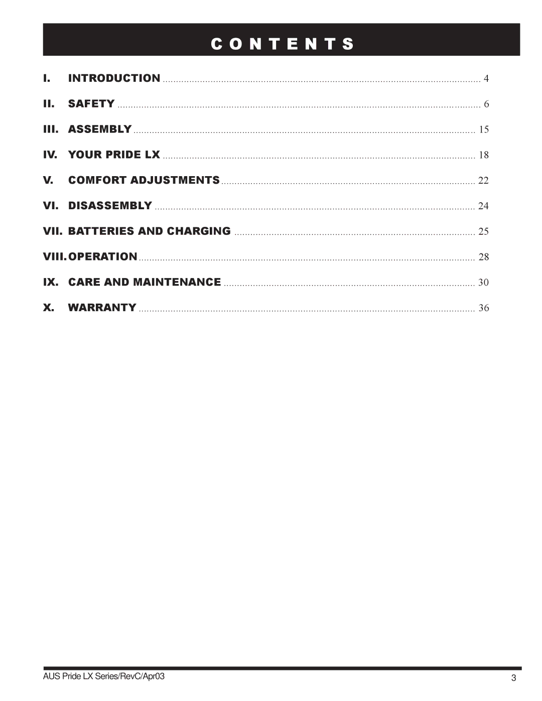 Pride Mobility LX12, LX11, LX10 owner manual N T E N T S 