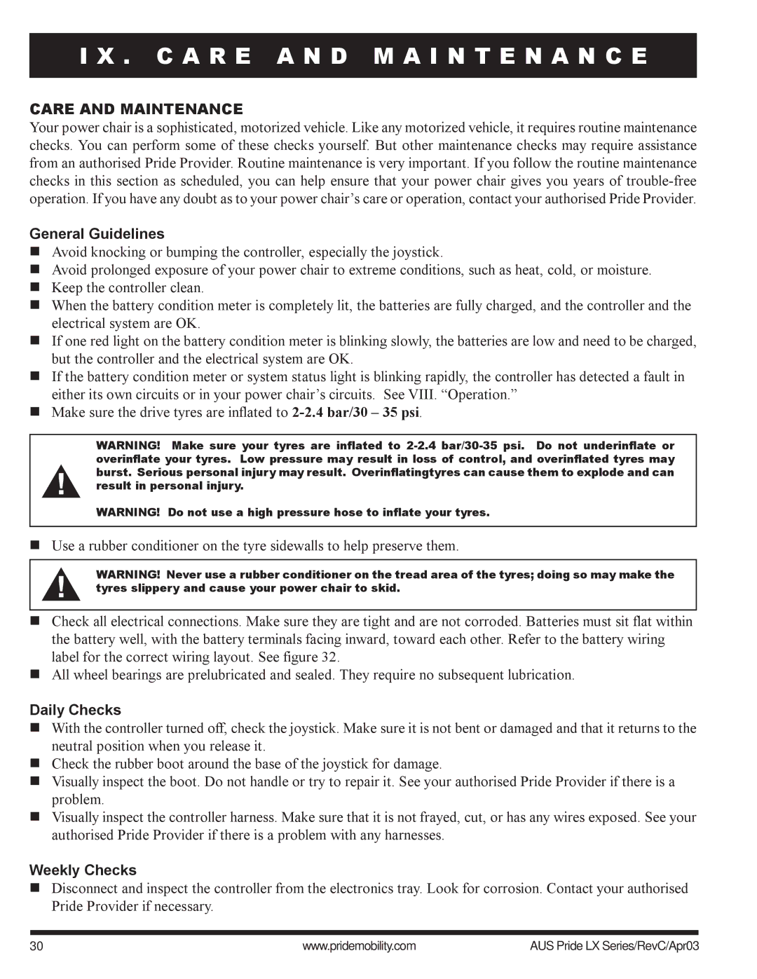 Pride Mobility LX12, LX11, LX10 C a R E a N D M a I N T E N a N C E, General Guidelines, Daily Checks, Weekly Checks 