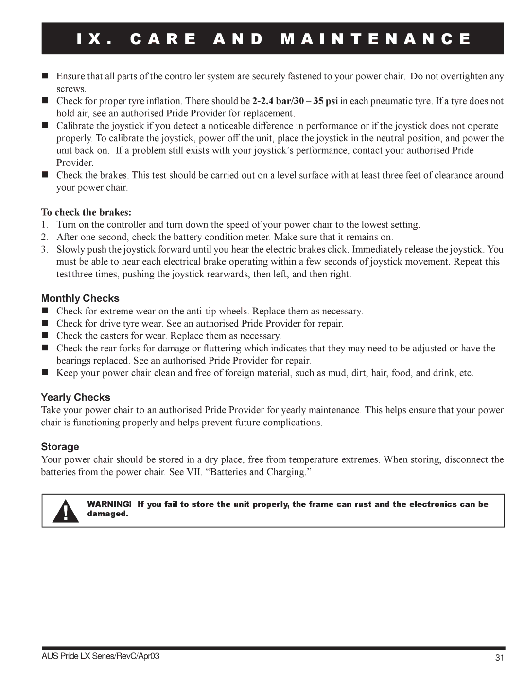 Pride Mobility LX11, LX12, LX10 owner manual To check the brakes, Monthly Checks, Yearly Checks, Storage 