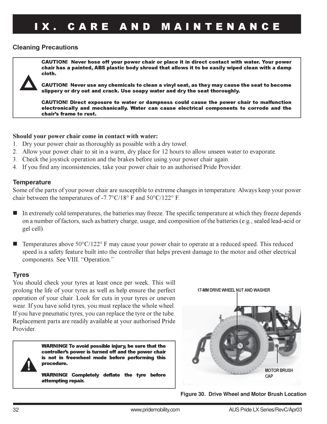 Pride Mobility LX10, LX12, LX11 owner manual Temperature, Tyres 