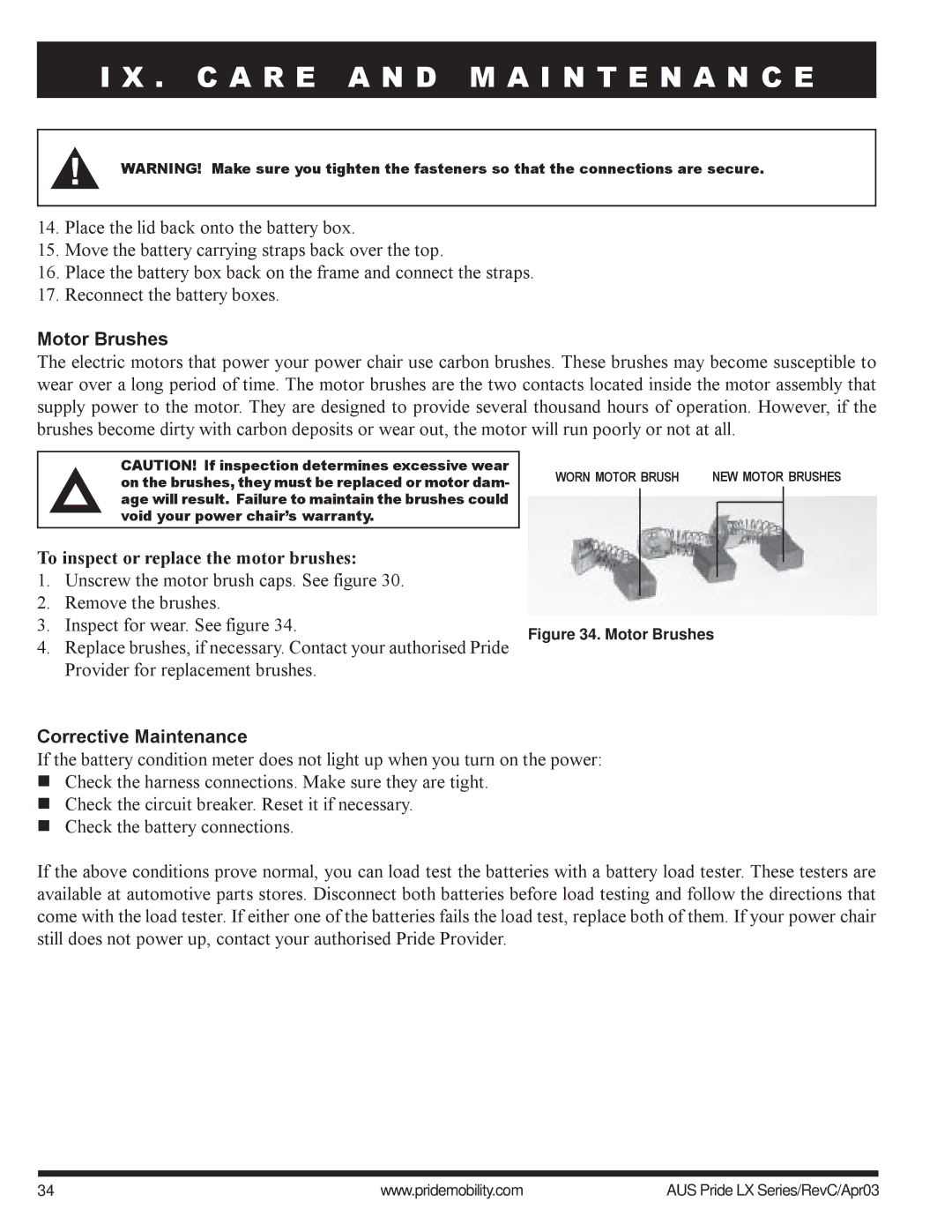 Pride Mobility LX11, LX12, LX10 owner manual Motor Brushes, To inspect or replace the motor brushes, Corrective Maintenance 